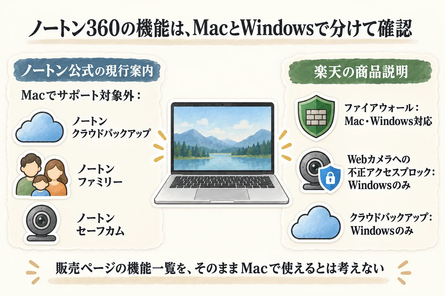 ノートン360の機能をMacとWindowsで分けて確認する図。ノートン公式の現行案内ではMacでノートン クラウドバックアップ、ノートン ファミリー、ノートン セーフカムはサポート対象外で、楽天の商品説明ではファイアウォールはMac・Windows対応、Webカメラへの不正アクセスブロックとクラウドバックアップはWindowsのみと示している。販売ページの機能一覧をそのままMacで使えるとは考えないよう案内している。出典：ノートン公式の現行案内と楽天の商品説明
